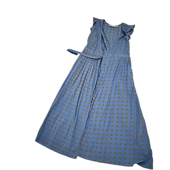 & Other Stories Blue orange floral Midi wrap cotton Dress flutter sleeve size 0 - Picture 5 of 16